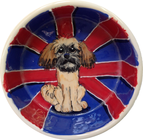 photo of ceramic pet bowl with British flag design and Shih Tzu portrayal by Debby Carman, faux paw petique