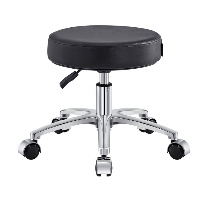 DIR Panda Pedi Stool Black with faux leather seat, chrome base, and wheels on white background.
