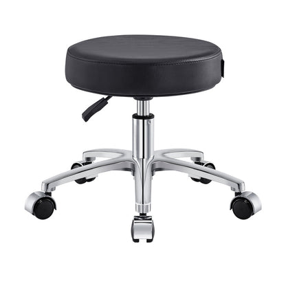 DIR Panda Pedi Stool Black with faux leather seat, chrome base, and wheels on white background.