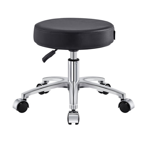 DIR Panda Pedi Stool Black with faux leather seat, chrome base, and wheels on white background.