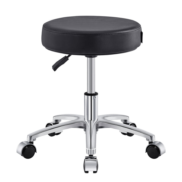 DIR Panda Pedi Stool Black with round faux leather seat and five casters on metal base.