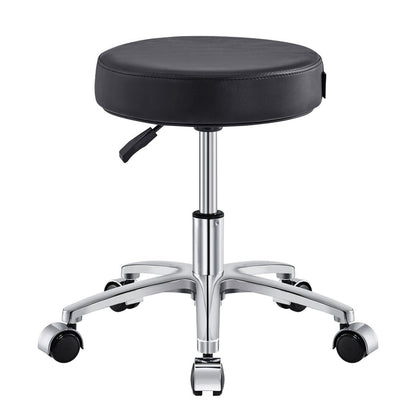 DIR Panda Pedi Stool Black with round faux leather seat and five casters on metal base.