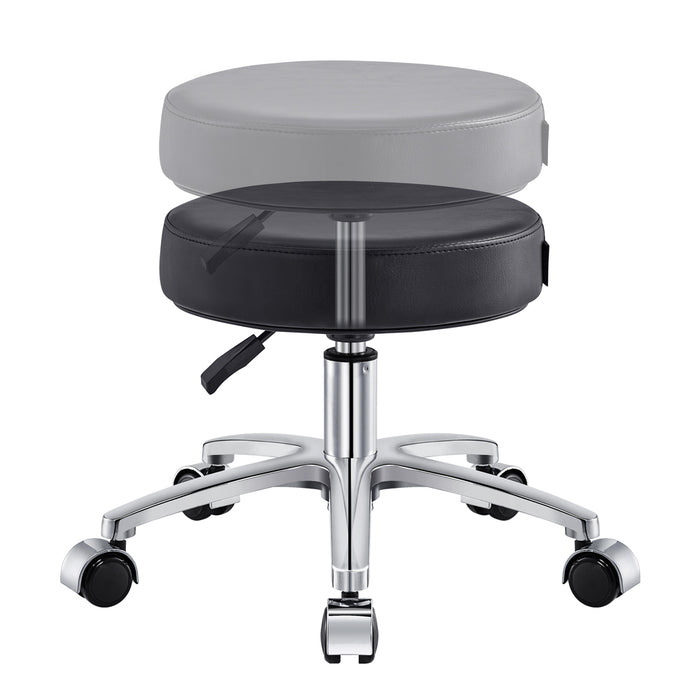 DIR Panda Pedi Stool Black with round seat and five caster wheels, adjustable height.