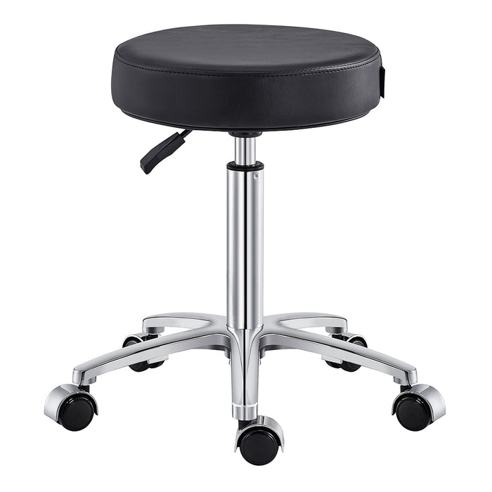Panda Stool Black DIR by DIR: black adjustable salon stool with chrome base and five wheels.