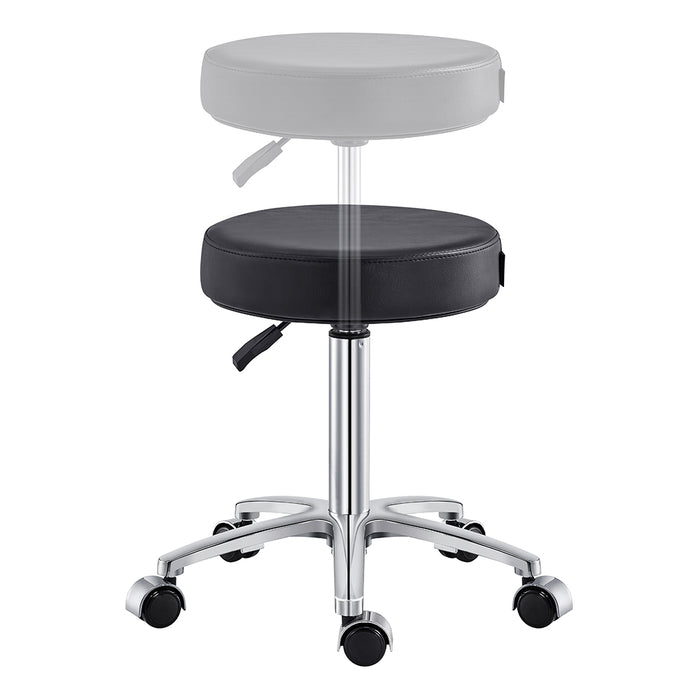 DIR Panda Stool Black: adjustable height, chrome base, five wheels, seat positions shown.