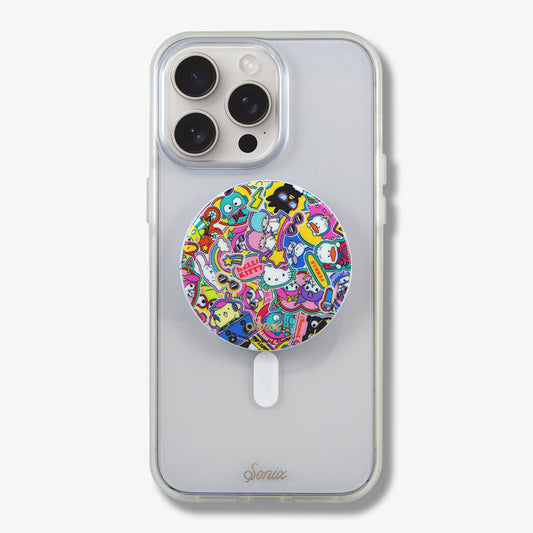 Close-up of MagLink Snap Grip showcasing Hello Kitty & Friends sticker on a clear iPhone case with white background