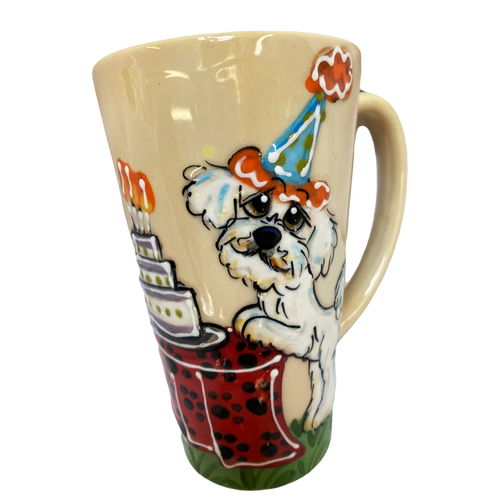 Dog Birthday Mug featuring white Maltese in birthday hat