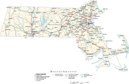 Massachusetts Map - Cut Out Style - with Capital, County Boundaries, Cities, Roads, and Water Features