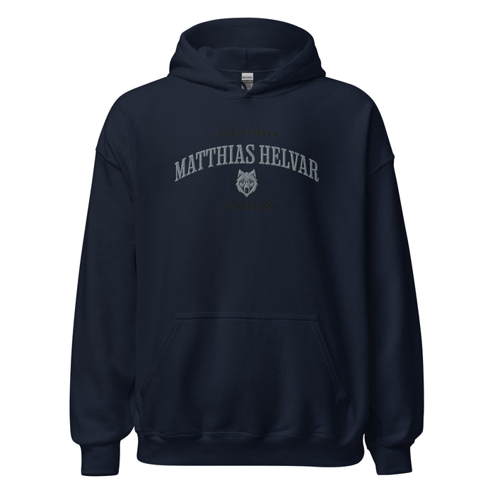 Matthias Helvar Embroidered Hoodie - The Bean Workshop - Bookworm Hoodie, Drüskelle fan merchandise, Fandom Apparel, Fantasy Character, Fjerdan Wolf, Grishaverse gift, Helnik, Leigh Bardugo literary merch, Literary Streetwear, Matthias Helvar embroidered hoodie, Minimalist Design, Six of Crows hooded sweatshirt, The Dregs apparel