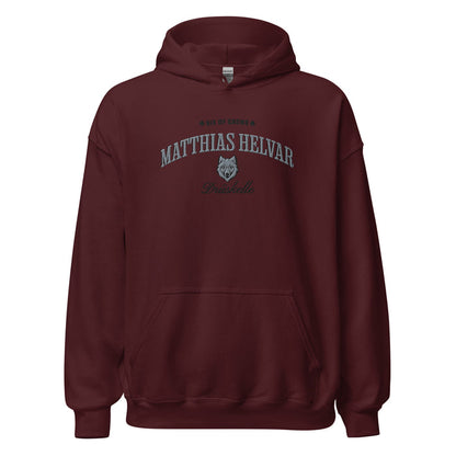 Matthias Helvar Embroidered Hoodie - The Bean Workshop - Bookworm Hoodie, Drüskelle fan merchandise, Fandom Apparel, Fantasy Character, Fjerdan Wolf, Grishaverse gift, Helnik, Leigh Bardugo literary merch, Literary Streetwear, Matthias Helvar embroidered hoodie, Minimalist Design, Six of Crows hooded sweatshirt, The Dregs apparel