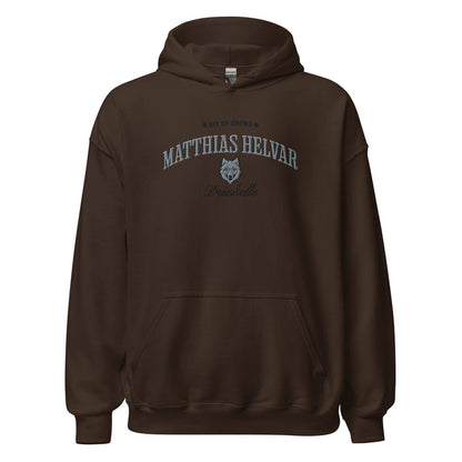 Matthias Helvar Embroidered Hoodie - The Bean Workshop - Bookworm Hoodie, Drüskelle fan merchandise, Fandom Apparel, Fantasy Character, Fjerdan Wolf, Grishaverse gift, Helnik, Leigh Bardugo literary merch, Literary Streetwear, Matthias Helvar embroidered hoodie, Minimalist Design, Six of Crows hooded sweatshirt, The Dregs apparel