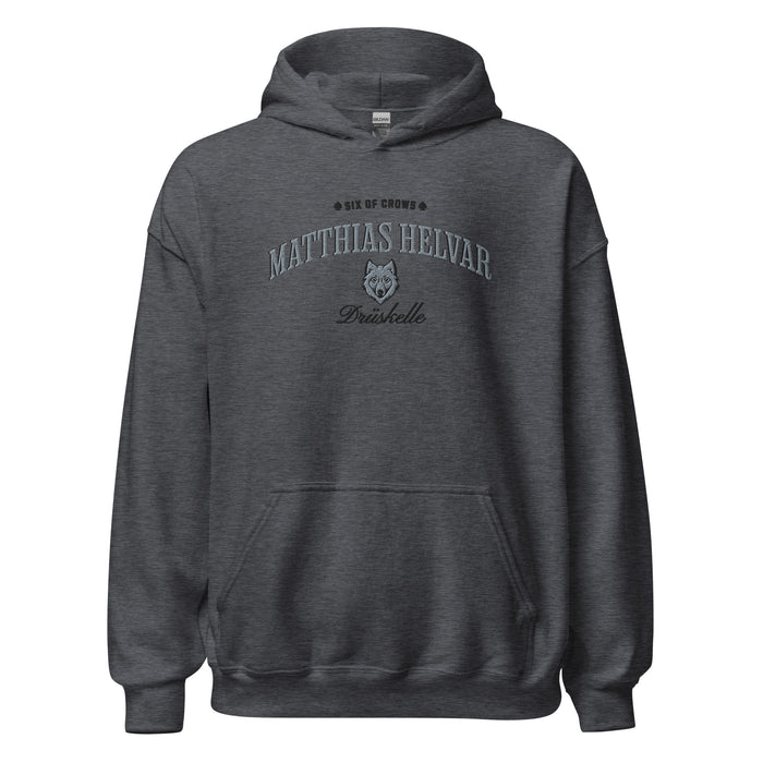 Matthias Helvar Embroidered Hoodie - The Bean Workshop - Bookworm Hoodie, Drüskelle fan merchandise, Fandom Apparel, Fantasy Character, Fjerdan Wolf, Grishaverse gift, Helnik, Leigh Bardugo literary merch, Literary Streetwear, Matthias Helvar embroidered hoodie, Minimalist Design, Six of Crows hooded sweatshirt, The Dregs apparel