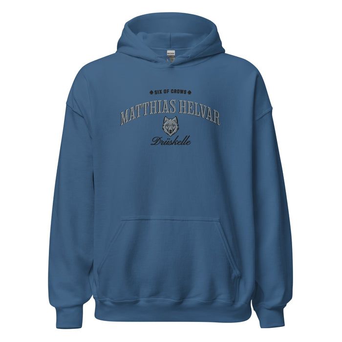 Matthias Helvar Embroidered Hoodie - The Bean Workshop - Bookworm Hoodie, Drüskelle fan merchandise, Fandom Apparel, Fantasy Character, Fjerdan Wolf, Grishaverse gift, Helnik, Leigh Bardugo literary merch, Literary Streetwear, Matthias Helvar embroidered hoodie, Minimalist Design, Six of Crows hooded sweatshirt, The Dregs apparel