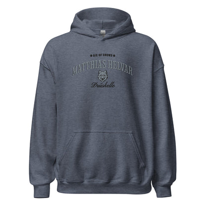 Matthias Helvar Embroidered Hoodie - The Bean Workshop - Bookworm Hoodie, Drüskelle fan merchandise, Fandom Apparel, Fantasy Character, Fjerdan Wolf, Grishaverse gift, Helnik, Leigh Bardugo literary merch, Literary Streetwear, Matthias Helvar embroidered hoodie, Minimalist Design, Six of Crows hooded sweatshirt, The Dregs apparel