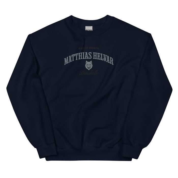 Matthias Helvar Embroidered Sweatshirt - The Bean Workshop - Book Lover Gift, Bookish Sweatshirt, Bookworm Gift, Character Apparel, Fantasy Warrior, Fjerda, Fjerdan wolf design, Grishaverse, Helnik, Leigh Bardugo fan apparel for readers, Matthias Helvar embroidered sweatshirt, Six of Crows Drüskelle merch, The Dregs