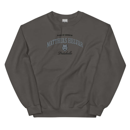 Matthias Helvar Embroidered Sweatshirt - The Bean Workshop - Book Lover Gift, Bookish Sweatshirt, Bookworm Gift, Character Apparel, Fantasy Warrior, Fjerda, Fjerdan wolf design, Grishaverse, Helnik, Leigh Bardugo fan apparel for readers, Matthias Helvar embroidered sweatshirt, Six of Crows Drüskelle merch, The Dregs