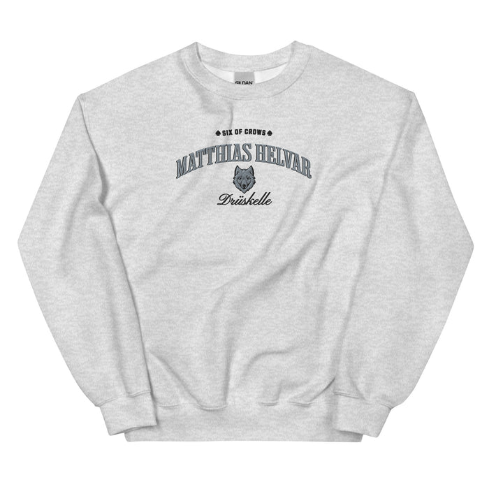 Matthias Helvar Embroidered Sweatshirt - The Bean Workshop - Book Lover Gift, Bookish Sweatshirt, Bookworm Gift, Character Apparel, Fantasy Warrior, Fjerda, Fjerdan wolf design, Grishaverse, Helnik, Leigh Bardugo fan apparel for readers, Matthias Helvar embroidered sweatshirt, Six of Crows Drüskelle merch, The Dregs