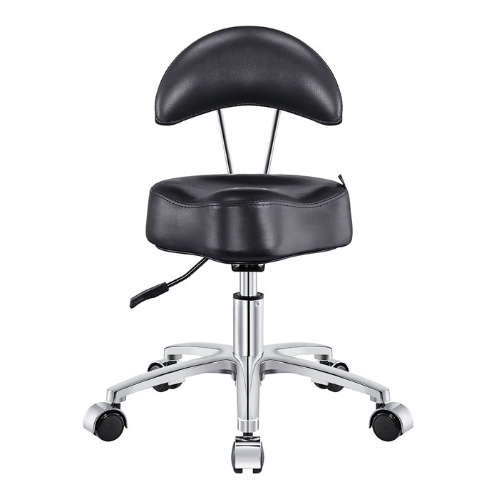 Medusa Pedi Stool DIR by DIR with backrest, chrome base, and five casters, front view.