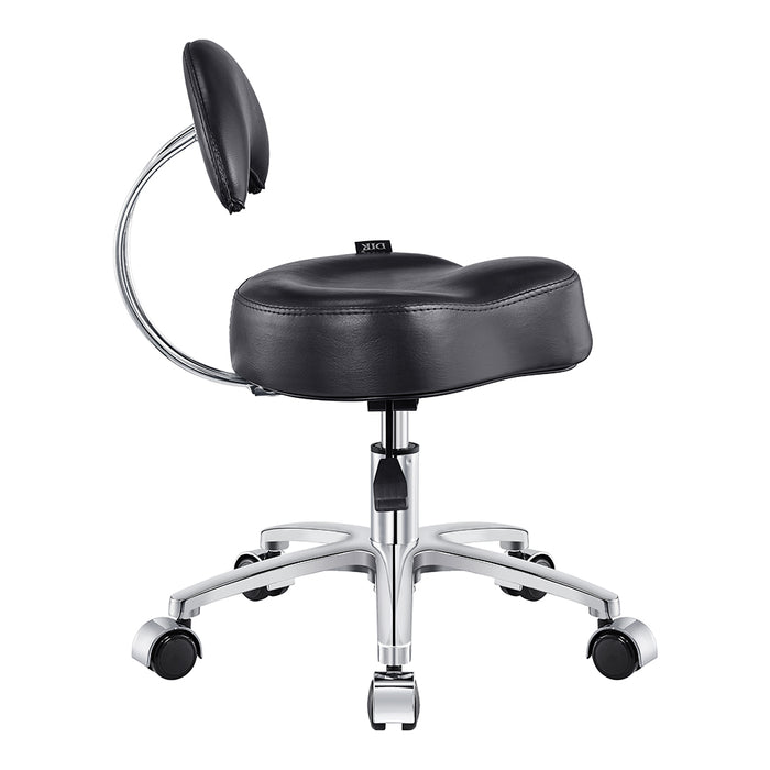 The Medusa Pedi Stool DIR by DIR features a backrest, chrome base, and wheels for salon use.