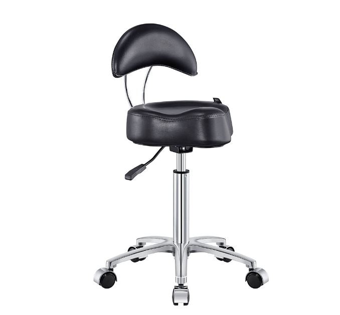 Medusa Salon Stool DIR by DIR: black, ergonomic backrest, chrome base, five wheels.