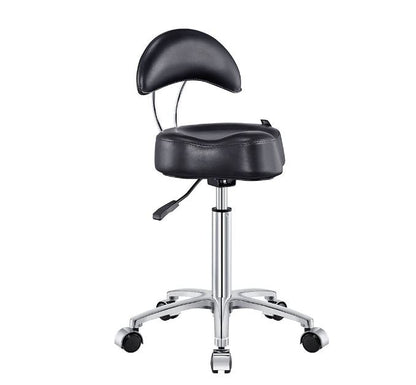 Medusa Salon Stool DIR by DIR: black, ergonomic backrest, chrome base, five wheels.