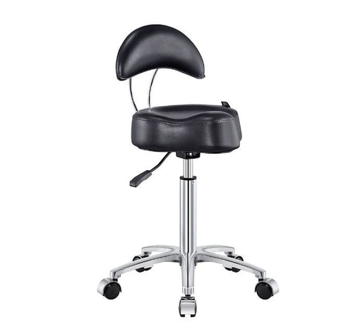 Medusa Salon Stool DIR by DIR: black, ergonomic backrest, chrome base, five wheels.