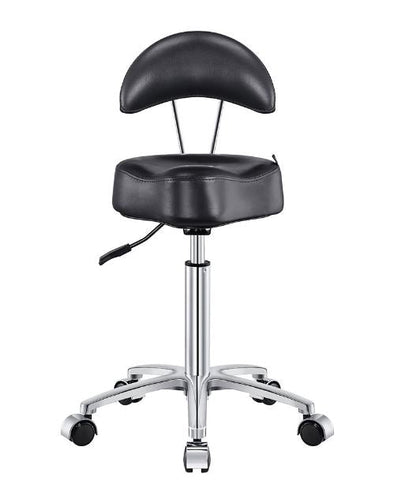 DIR Medusa Salon Stool—black, ergonomic backrest, chrome base with casters.