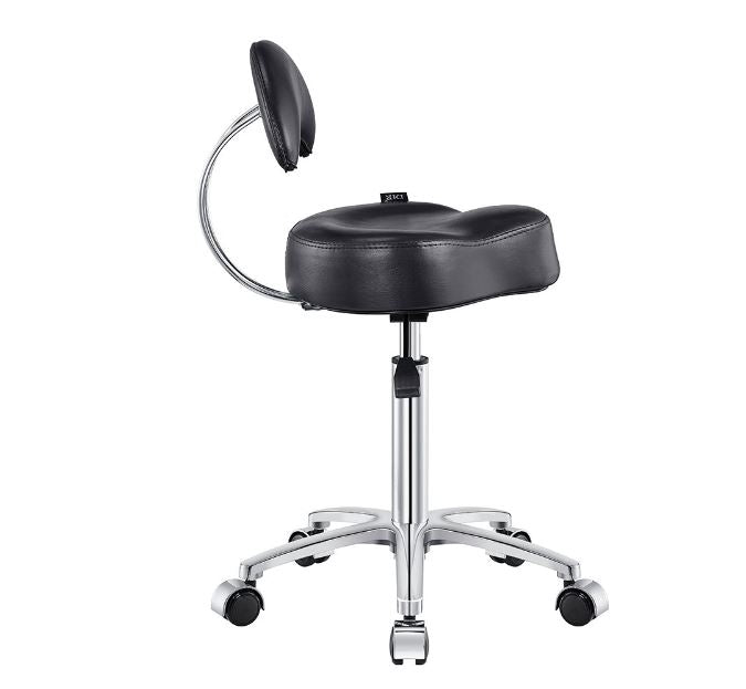 Medusa Salon Stool DIR by DIR: black, portable, ergonomic backrest, saddle seat, caster wheels.