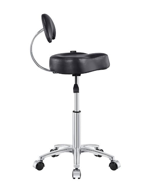 Medusa Salon Stool DIR by DIR, black, ergonomic backrest, memory foam, 5 caster wheels, side view.