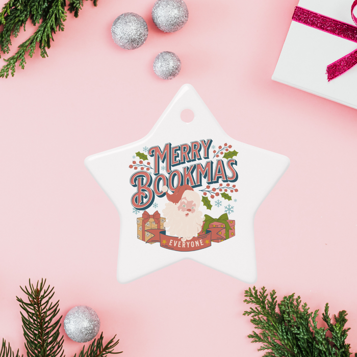 Merry Bookmas Double-sided Ceramic Ornaments - The Bean Workshop - Book Club Gift, Book Lover Gift, Bookish Humor., Bookworm Christmas, Christmas Ornament for Readers, Double-Sided Ceramic Ornament, Festive, Holiday Decor, Merry Bookmas Ceramic Ornament, Retro Christmas, Santa Claus, Stocking Stuffer, Vintage Santa Ornament