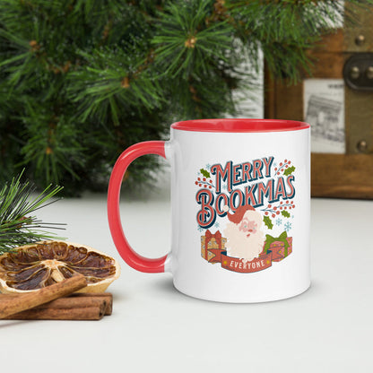 Merry Bookmas Mug with Color Inside - The Bean Workshop - Book Lover Gift, Bookish Christmas, Bookish Humor, Bookworm Gift, Ceramic Mug, Christmas Coffee Mug for Readers, Festive Kitchen, Holiday Mug, Hot Cocoa Mug, Merry Bookmas Mug, Retro Christmas, Secret Santa, Stocking Stuffer, Vintage Santa Mug