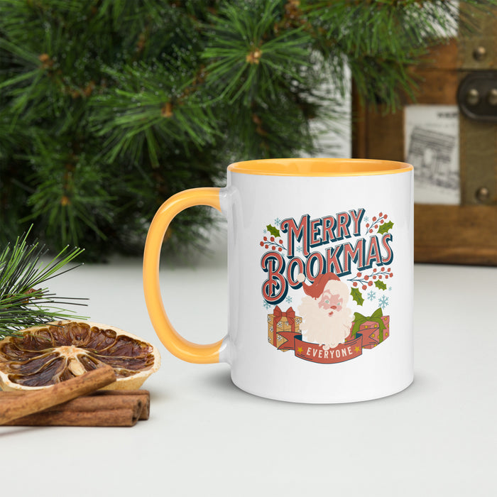 Merry Bookmas Mug with Color Inside - The Bean Workshop - Book Lover Gift, Bookish Christmas, Bookish Humor, Bookworm Gift, Ceramic Mug, Christmas Coffee Mug for Readers, Festive Kitchen, Holiday Mug, Hot Cocoa Mug, Merry Bookmas Mug, Retro Christmas, Secret Santa, Stocking Stuffer, Vintage Santa Mug