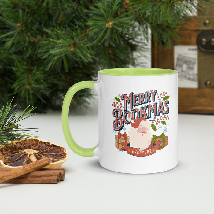 Merry Bookmas Mug with Color Inside - The Bean Workshop - Book Lover Gift, Bookish Christmas, Bookish Humor, Bookworm Gift, Ceramic Mug, Christmas Coffee Mug for Readers, Festive Kitchen, Holiday Mug, Hot Cocoa Mug, Merry Bookmas Mug, Retro Christmas, Secret Santa, Stocking Stuffer, Vintage Santa Mug