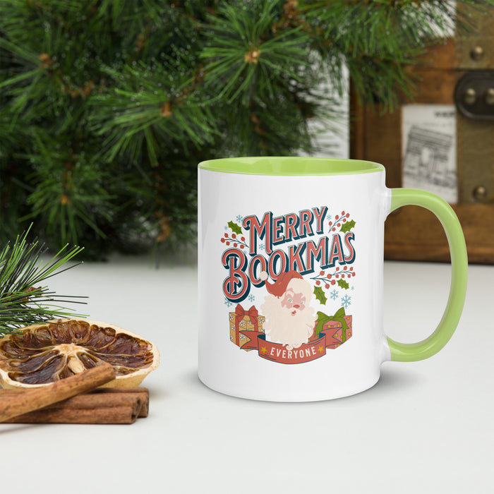 Merry Bookmas Mug with Color Inside - The Bean Workshop - Book Lover Gift, Bookish Christmas, Bookish Humor, Bookworm Gift, Ceramic Mug, Christmas Coffee Mug for Readers, Festive Kitchen, Holiday Mug, Hot Cocoa Mug, Merry Bookmas Mug, Retro Christmas, Secret Santa, Stocking Stuffer, Vintage Santa Mug