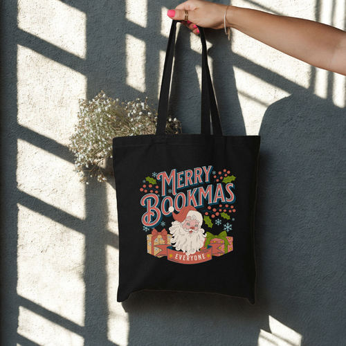 Merry Bookmas Organic Cotton Twill Tote Bag - The Bean Workshop - Bookaholic, Bookish Christmas, Bookworm Gift Bag, Canvas Tote, Christmas Reading Tote for Book Lovers, Festive Accessory, Gift for Readers, Holiday Shopping Bag, Library Tote, Merry Bookmas Tote Bag, Retro Holiday, Santa Claus, Vintage Santa Tote