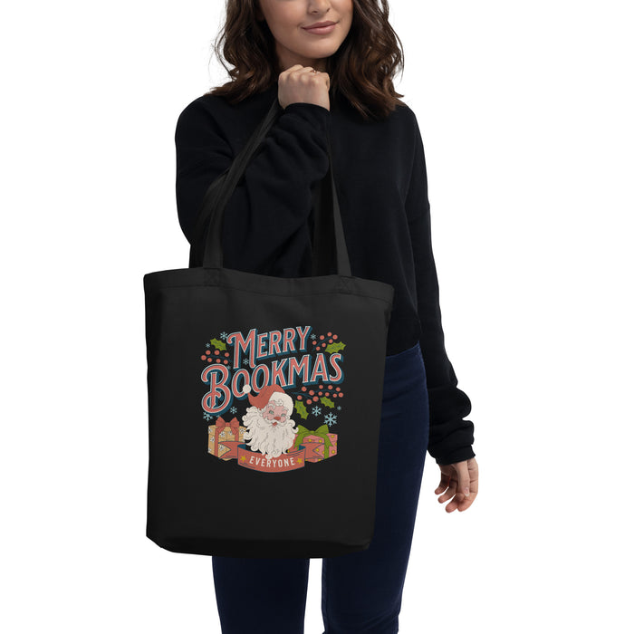 Merry Bookmas Organic Cotton Twill Tote Bag - The Bean Workshop - Bookaholic, Bookish Christmas, Bookworm Gift Bag, Canvas Tote, Christmas Reading Tote for Book Lovers, Festive Accessory, Gift for Readers, Holiday Shopping Bag, Library Tote, Merry Bookmas Tote Bag, Retro Holiday, Santa Claus, Vintage Santa Tote