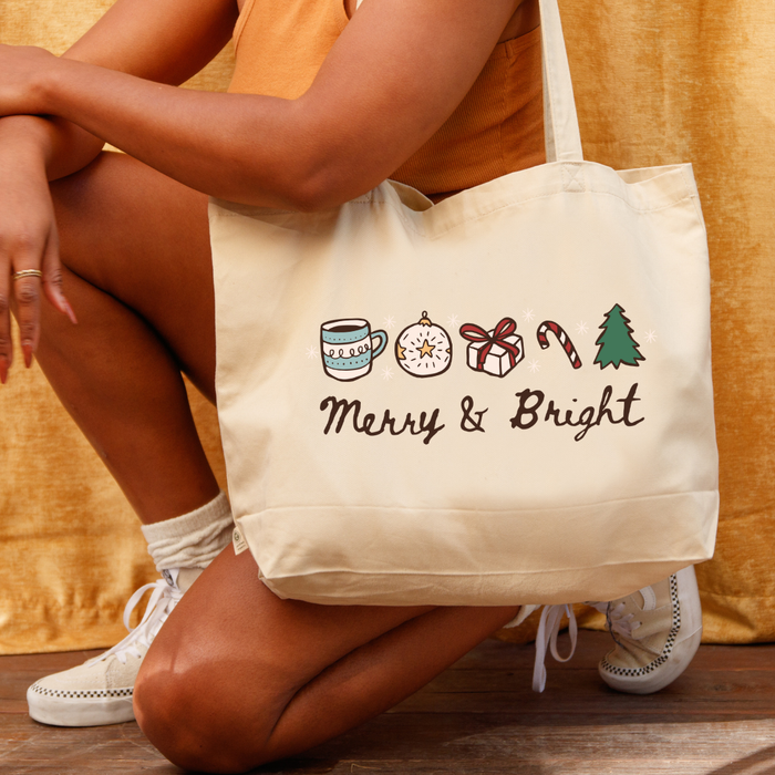 Merry & Bright Large Organic Cotton Twill Tote Bag - The Bean Workshop - Book Lover Gift, Canvas Tote, Cozy Aesthetic, Festive Holiday Tote for Book Lovers, Festive Icons, Gift for Readers, Hand-Drawn Doodle Bag, Holiday Shopping Bag, Library Bag, Merry and Bright Christmas Tote Bag, Minimalist Christmas, Reusable Bag, Tote Bag