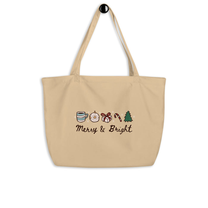 Merry & Bright Large Organic Cotton Twill Tote Bag - The Bean Workshop - Book Lover Gift, Canvas Tote, Cozy Aesthetic, Festive Holiday Tote for Book Lovers, Festive Icons, Gift for Readers, Hand-Drawn Doodle Bag, Holiday Shopping Bag, Library Bag, Merry and Bright Christmas Tote Bag, Minimalist Christmas, Reusable Bag, Tote Bag