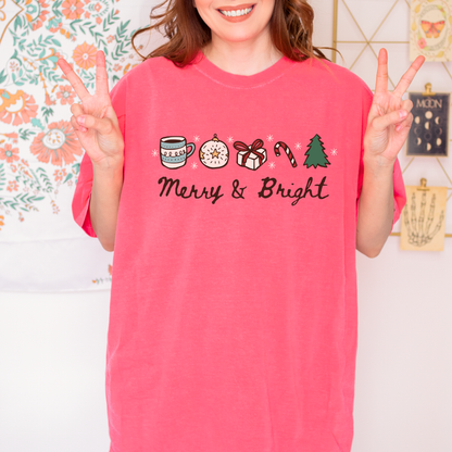 Merry & Bright T-Shirt - The Bean Workshop - Casual Wear, Cheerful, Christmas T-Shirt, Cozy Christmas, Festive Doodle Holiday Tee for Readers, Festive Doodles, Gift for Book Lover, Graphic Tee, Hand-Drawn Christmas Shirt, Holiday Apparel, Holiday Icons, Merry and Bright Christmas T-Shirt, Minimalist Holiday