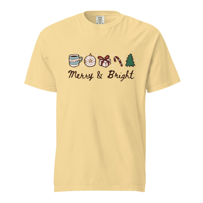 Merry & Bright T-Shirt - The Bean Workshop - Casual Wear, Cheerful, Christmas T-Shirt, Cozy Christmas, Festive Doodle Holiday Tee for Readers, Festive Doodles, Gift for Book Lover, Graphic Tee, Hand-Drawn Christmas Shirt, Holiday Apparel, Holiday Icons, Merry and Bright Christmas T-Shirt, Minimalist Holiday