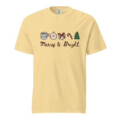Merry & Bright T-Shirt - The Bean Workshop - Casual Wear, Cheerful, Christmas T-Shirt, Cozy Christmas, Festive Doodle Holiday Tee for Readers, Festive Doodles, Gift for Book Lover, Graphic Tee, Hand-Drawn Christmas Shirt, Holiday Apparel, Holiday Icons, Merry and Bright Christmas T-Shirt, Minimalist Holiday