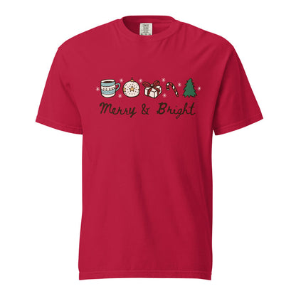 Merry & Bright T-Shirt - The Bean Workshop - Casual Wear, Cheerful, Christmas T-Shirt, Cozy Christmas, Festive Doodle Holiday Tee for Readers, Festive Doodles, Gift for Book Lover, Graphic Tee, Hand-Drawn Christmas Shirt, Holiday Apparel, Holiday Icons, Merry and Bright Christmas T-Shirt, Minimalist Holiday