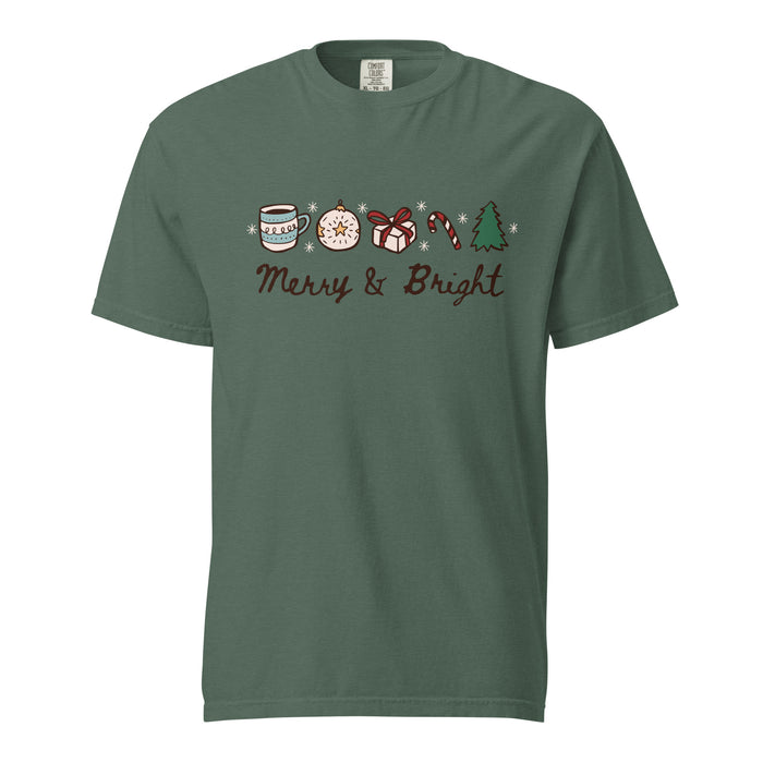 Merry & Bright T-Shirt - The Bean Workshop - Casual Wear, Cheerful, Christmas T-Shirt, Cozy Christmas, Festive Doodle Holiday Tee for Readers, Festive Doodles, Gift for Book Lover, Graphic Tee, Hand-Drawn Christmas Shirt, Holiday Apparel, Holiday Icons, Merry and Bright Christmas T-Shirt, Minimalist Holiday