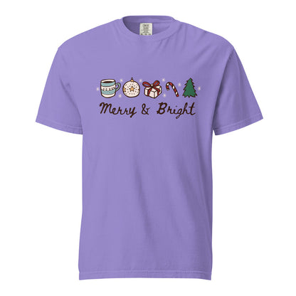 Merry & Bright T-Shirt - The Bean Workshop - Casual Wear, Cheerful, Christmas T-Shirt, Cozy Christmas, Festive Doodle Holiday Tee for Readers, Festive Doodles, Gift for Book Lover, Graphic Tee, Hand-Drawn Christmas Shirt, Holiday Apparel, Holiday Icons, Merry and Bright Christmas T-Shirt, Minimalist Holiday