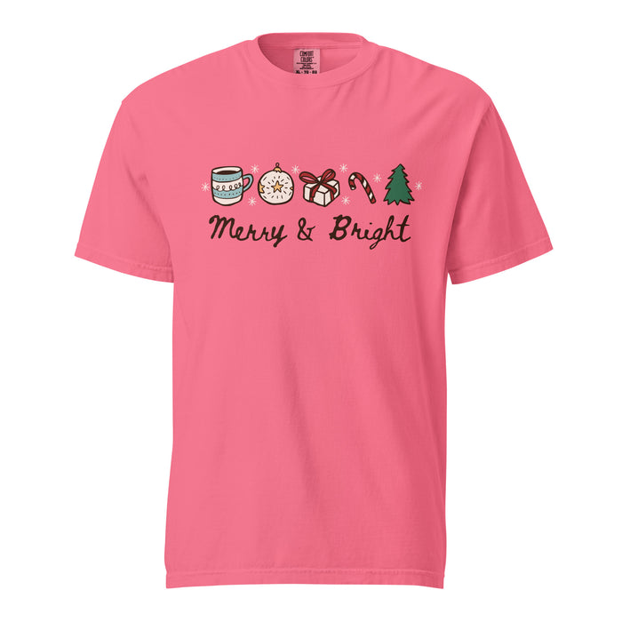 Merry & Bright T-Shirt - The Bean Workshop - Casual Wear, Cheerful, Christmas T-Shirt, Cozy Christmas, Festive Doodle Holiday Tee for Readers, Festive Doodles, Gift for Book Lover, Graphic Tee, Hand-Drawn Christmas Shirt, Holiday Apparel, Holiday Icons, Merry and Bright Christmas T-Shirt, Minimalist Holiday