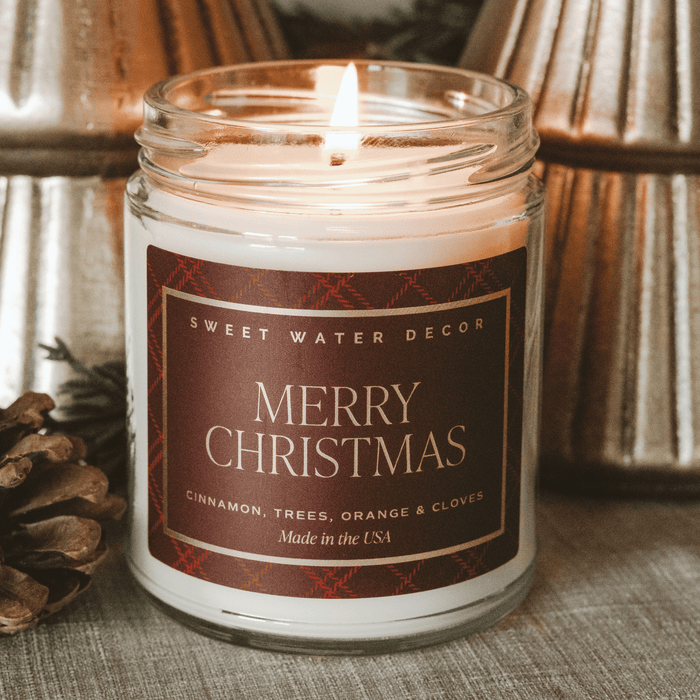 Merry Christmas Soy Candle - 9 oz Clear Jar (Christmas) - Sweet Water Decor - Candles