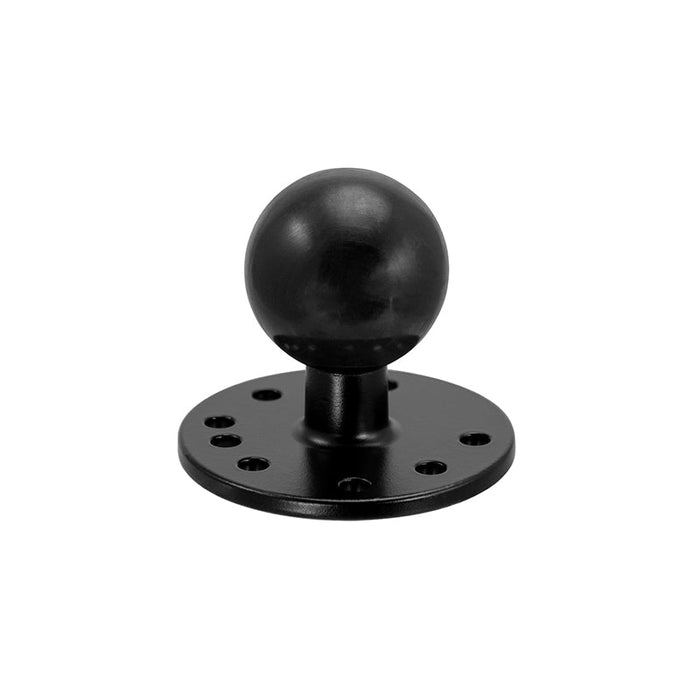 The Robust Circular Metal 38mm (1.5 inch) Ball to 1/4-20 Camera Bolt Adapter is a black, round mount with a flat base and multiple screw holes, designed for securely mounting cameras or devices.