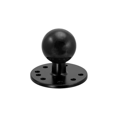 The Robust Circular Metal 38mm (1.5 inch) Ball to 1/4-20 Camera Bolt Adapter is a black, round mount with a flat base and multiple screw holes, designed for securely mounting cameras or devices.