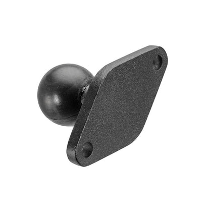 The Diamond-Shaped Metal 25mm (1 inch) Ball to 2-Hole AMPS Compatible Adapter features a black metal build with a rectangular base and two screw holes for mounting, shown against a white background.