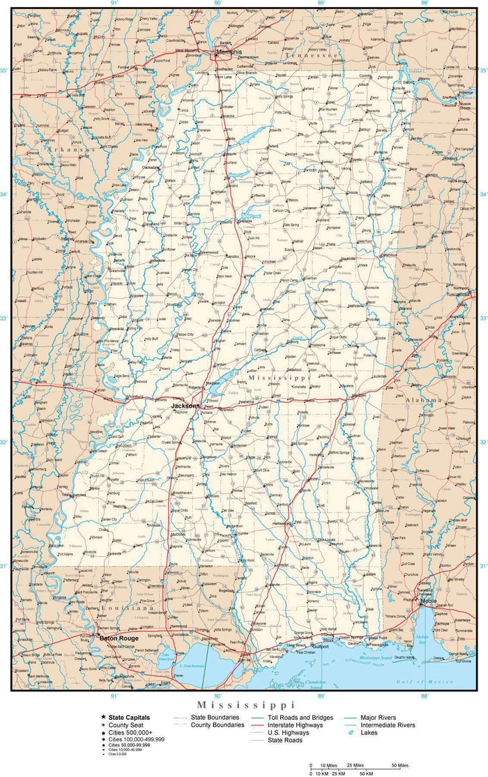 Mississippi Map with Capital, County Boundaries, Cities, Roads, and Water Features